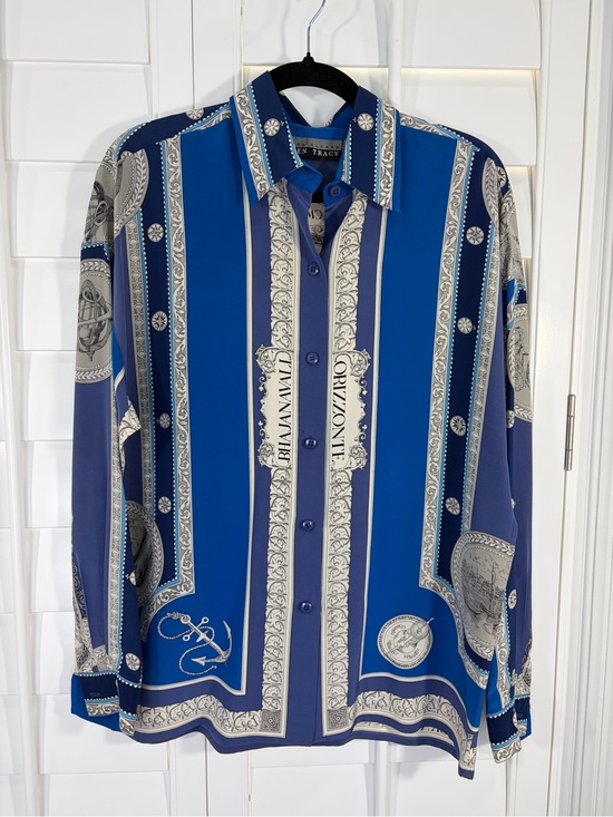 Ellen Tracy Tops - Vintage Linda Allard Ellen Tracy 100% Silk Blue Patterned Button-Up Shirt (8)